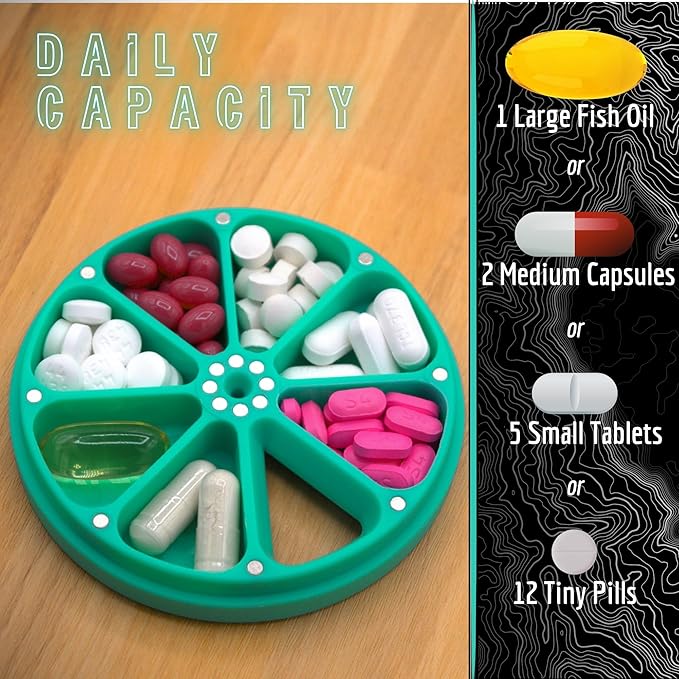 Travel RX Pill Case by Type Two Labs – Weekly 7 Day Pill Box, Compact Magnetic Pill Organizer for Purses or Pockets, Rugged Daily Caddy Holds Vitamins, Supplements, Medication. (Vivid Magenta)