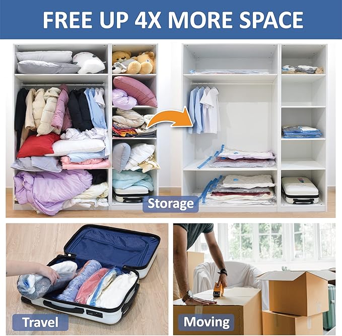8 Jumbo Vacuum Storage Bags, Space Saver Bags Compression Storage Bags for Comforters and Blankets, Vacuum Sealer Bags for Clothes Storage, Hand Pump Included