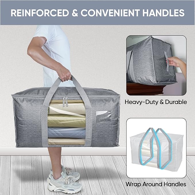 BALEINE 6-Pack Oversized Moving Bags with Reinforced Handles, Heavy-Duty Storage Tote for Clothes, Moving Supplies (Grey with Window, 6 Pack)