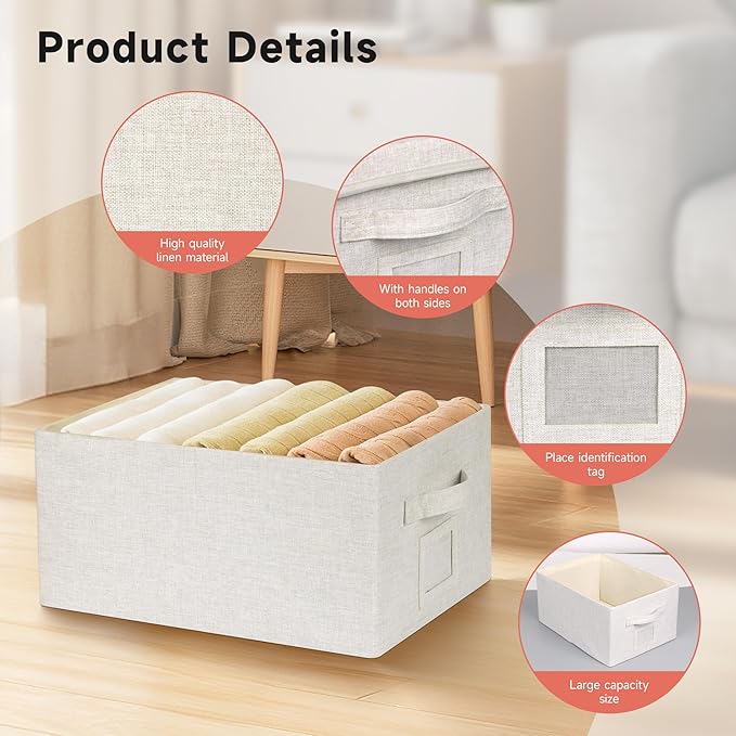 Large 17''x12'' Quart Collapsible Stackable Storage Bins with Lids, 4 Packs Off White Fabric Closet Boxes with Lids, Storage Cube Baskets Container Organizers for Bedroom Office(17''x12.2x''8'')