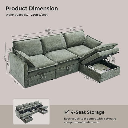 88.98" Sectional Couches for Living Room, Cloud Couch Sectional with Large Storage, L-Shape Modular Sectional Sofa with Ottoman, 4 Seater Chenille Sofa with Pillow for Apartment, Bedroom, Green