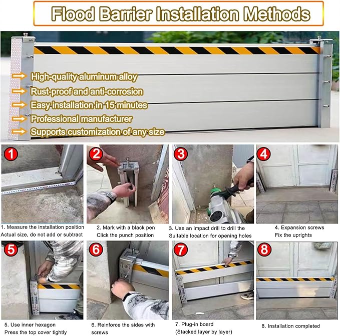 Reusable Flood Barrier, 3/4/5/6/7/8/9/10/11/12/13ft Long Heavy Duty Aluminum Water Barrier Shield for Sliding Glass Door/Driveway/Home Doorway, Removable Stopper Shield with Rubber(H 3.9ft