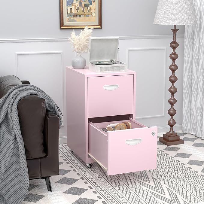 2 Drawer Mobile File Cabinet with Lock, Metal Filing Cabinets with Wheels, Pink Rolling Storage Cabinet, Under Desk Vertical File Cabinet for Home Office, Lockable Steel Two Drawer for Letter Size
