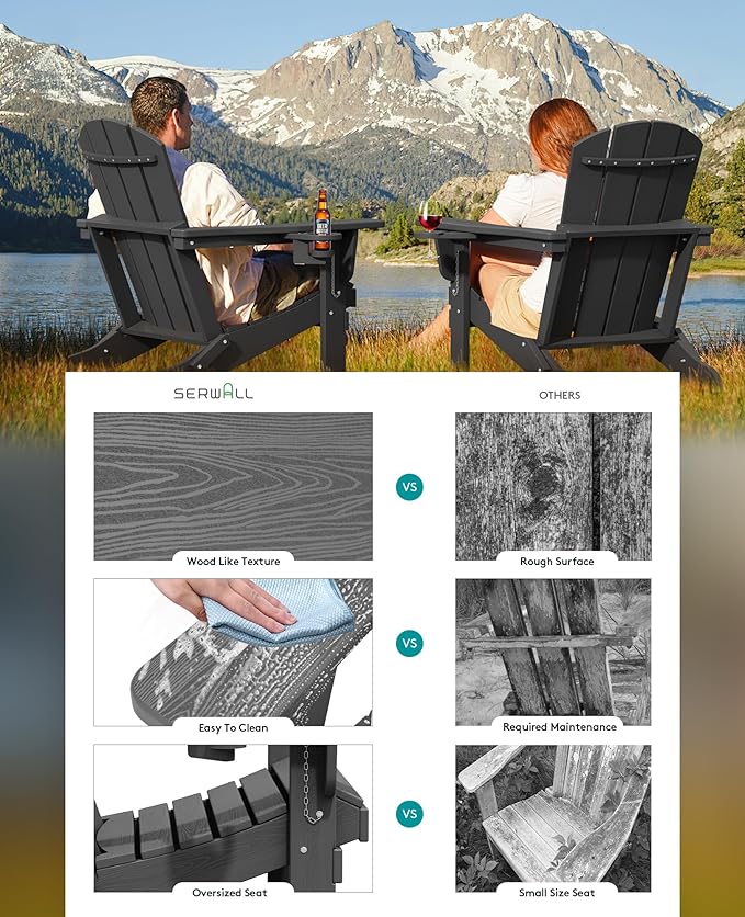 SERWALL Foldable Adirondack Chair Set of 2, HDPE Adirondack Chair with Wood-Texture-Gray