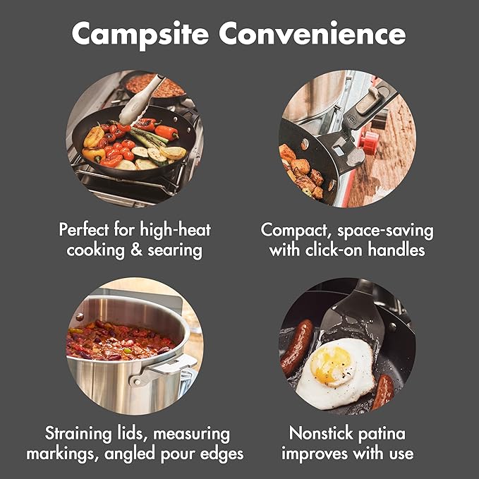 OXO Outdoor 8 Piece Camping Cookware Set, 10" Pre-Seasoned Carbon Steel Frying Pan Skillet, 2.25QT and 5QT Stainless Steel Saucepans with Lids, Removeable Handle, Trivet, Travel Bag, Space-Saving