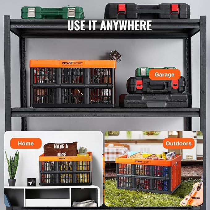 VEVOR 45L Collapsible Milk Crates 3 Packs, Stackable Storage Baskets with Handles, Folding Storage Containers for Organizing Tools, Books, Food, Drinks, Camping & Transport