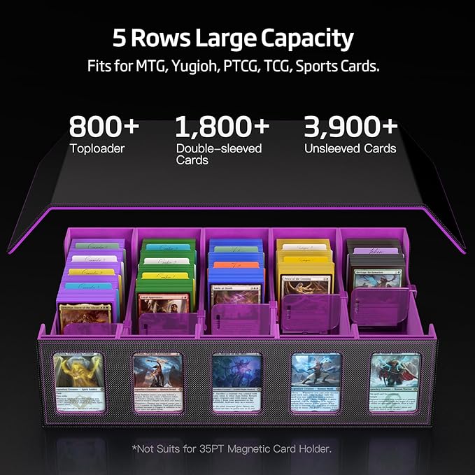 Trading Card Storage Box 5-Row 3900+ Capacity,TCG MTG Card Case with Magnetic Lid & Commander Display,Top Loader Storage for Sports Cards,Includes Dividers Dice Box（Black Purple）
