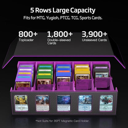 Trading Card Storage Box 5-Row 3900+ Capacity,TCG MTG Card Case with Magnetic Lid & Commander Display,Top Loader Storage for Sports Cards,Includes Dividers Dice Box（Black Purple）