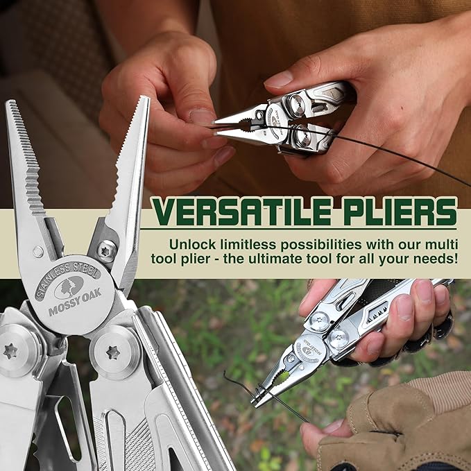 MOSSY OAK Multitool, 19-in-1 Stainless Steel Multi Tool Pliers, Self-locking EDC Gear with Sheath for Outdoor, Survival, Camping, Hiking, Father Day Gifts