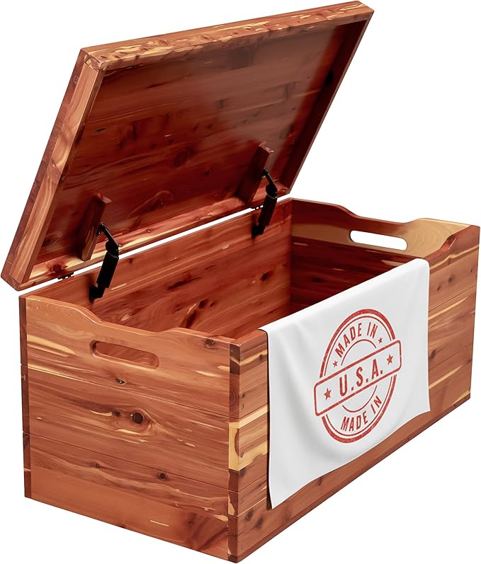 Amish Made Wooden Storage Chest Trunk Box with Lid and Handles for Bedroolanket, Clothes, Anti-Slam Hinges, Handmade, Rustic, Cedar Wood, Natural Stain, 42"