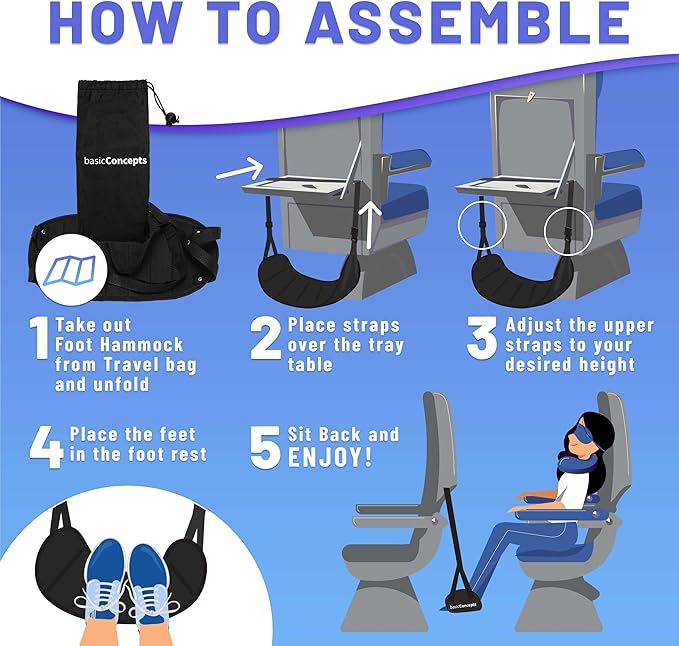 Airplane Foot Hammock (Memory Foam), Perfect Airplane Footrest to Relax Your Feet | Foot Hammock for Airplane Travel Accessories, Desk Foot Hammock, Travel Foot Rest, Comfy Foot Hanger Airplane