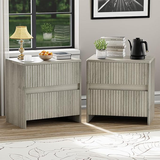 Fleuted Nightstand Set of 2, 23" Wood Bedside Table with 2 Storage Drawers, Modern Night Stand for Bedroom, Office, Grey