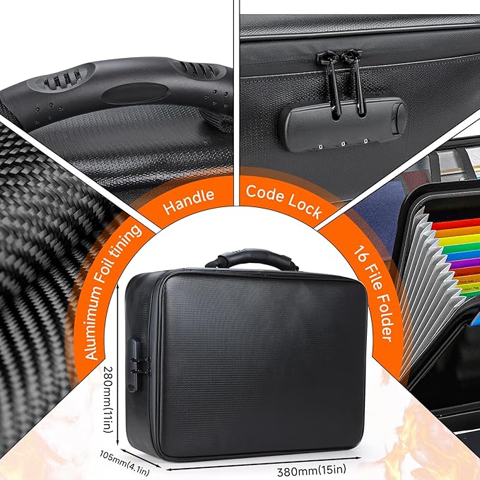 Fireproof Document File Organizer Bag, 5200°F Portable File Organizer with Lock, 16 Layer File Box Waterproof and Heat Insulated Safe Storage for Important Documents, Laptop, and Files and More