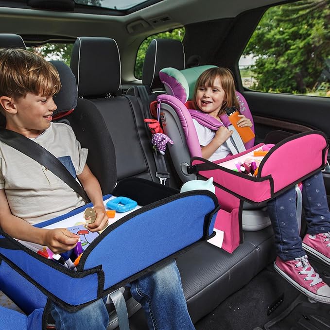 Kids Travel Tray for Airplane - Toddler Car Seat Table Tray, Road Trip Essentials for Boys & Girls, Carseat Lap Desk for Kids Road Trip Activities (Pink-2PCS)