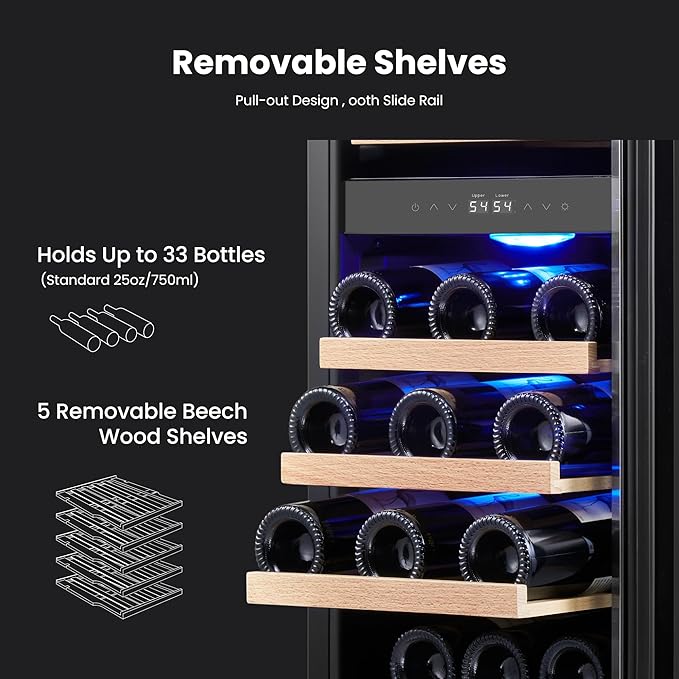 Yeego Wine Fridge Cooler - 15 Inch Dual Zone Wine Fridge Hold 28 Bottles, 40-65°F Wine Refrigerator Glass Door, Built in, Freestanding Under Counter Fridge for Beer Soda Drink Home Bar Office