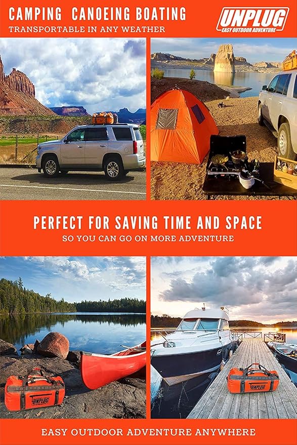 UNPLUG Ultimate Adventure Bag | 1680D Heavy Duty Waterproof Bag | Large Travel Duffle Bag which can be Used for Camping, Motorcycling, Boating, or Hunting (155L Adventure Orange)