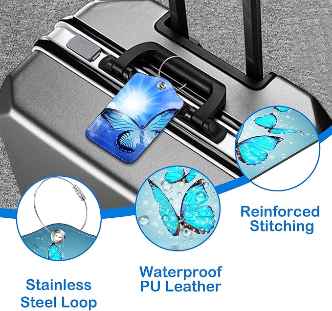Blue Butterfly Luggage Tags for Suitcases Leather Travel Tags for Luggage ID Label with Privacy Cover and Stainless Steel Loop for Men Women Suitcase Backpack, Set of 2