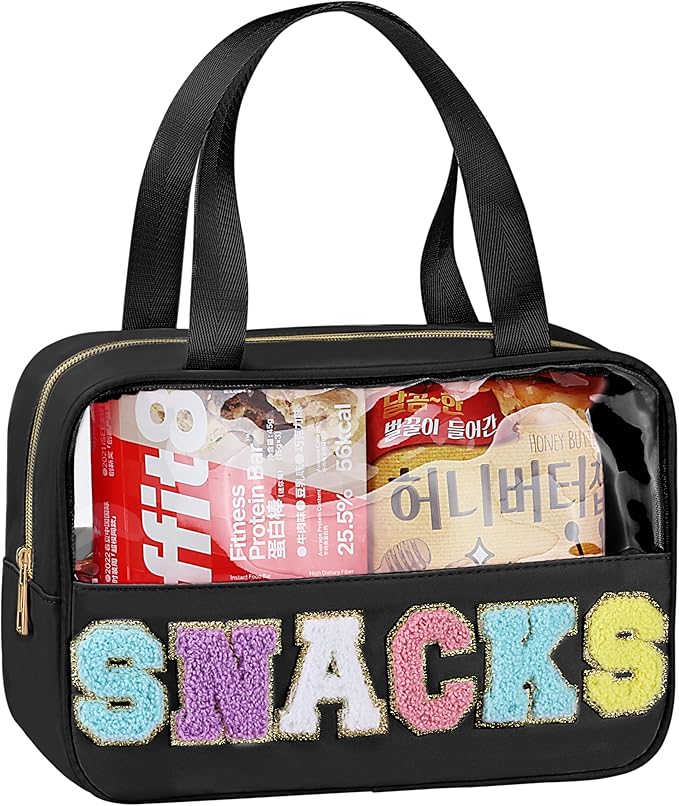 Snack Bag for Travel - Chenille Letter Clear Makeup Bag, Large Preppy Patch Snack Cosmetic Bag with Handle and Zipper, Cute Makeup Pouch Nylon&PVC Waterproof Toiletry Organizer Storage for Women