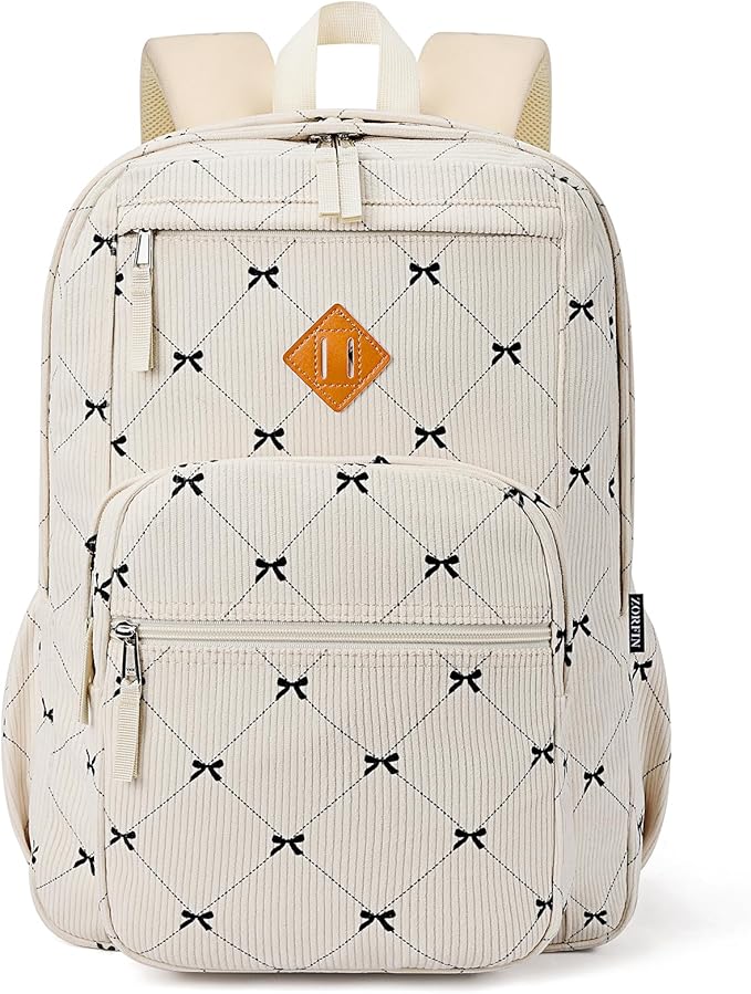 ZORFIN 26L Backpack for College, and Travel: Corduroy Bookbag - Bowknot