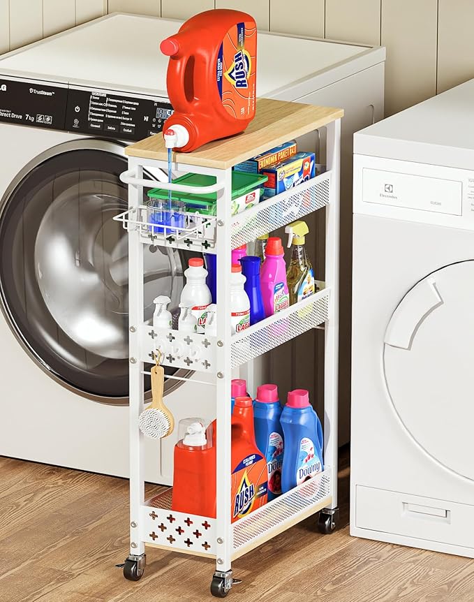 Rolling Slim Storage Cart, 4-Tier Narrow Bathroom Laundry Room Organization Cart, Metal Kitchen Storage Mobile Shelf Unit Organizer with Wood Top, Slim Utility Cart with Wheels for Small Space