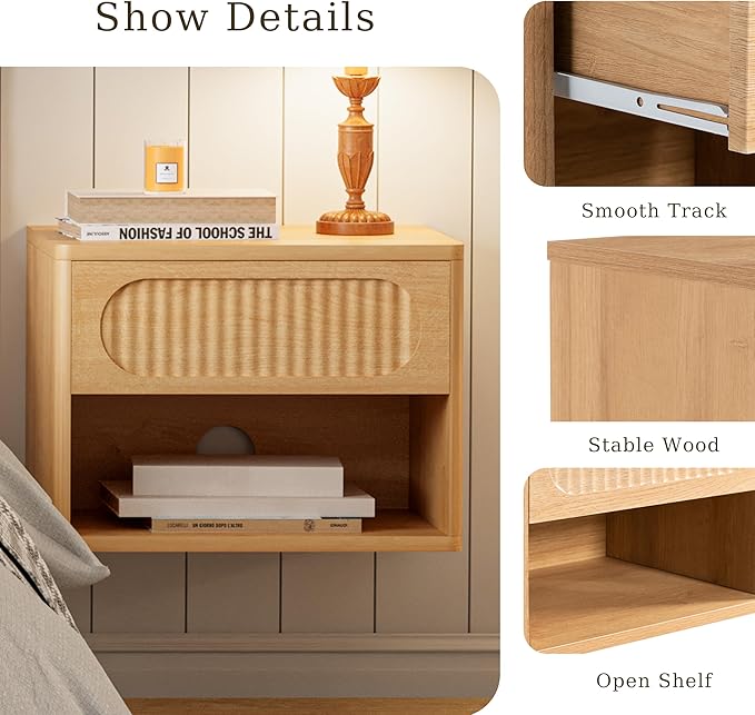 Floating Nightstands with Drawer Set of 2, Modern Wall Mounted Bedside Tables for Bedroom, Space Saving Storage Cabinets, Easy Install Hanging Shelf Night Stands for Small Spaces (Natural)