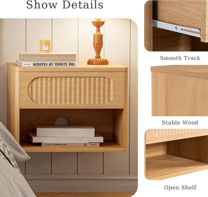 Floating Nightstands with Drawer Set of 2, Modern Wall Mounted Bedside Tables for Bedroom, Space Saving Storage Cabinets, Easy Install Hanging Shelf Night Stands for Small Spaces (Natural)