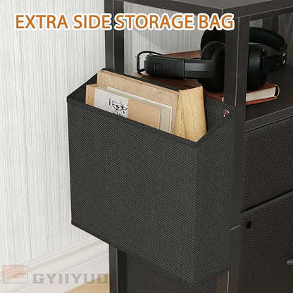 GYIIYUO 2 Drawer File Cabinet with 24'' Extended Desktop, Mobile Filing Cabinet, Rolling File Cabinet with Side Bag, Fabric Drawer, Fits A4/Letter Size, Printer Stand Home Office, Black