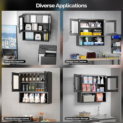 VINGLI Metal Wall Cabinet with Locking Glass Doors, Adjustable Shelf, Wall Mounted Storage Display Cabinets for Garage, Kitchen, Home Office, Warehouse, Living Room, Black