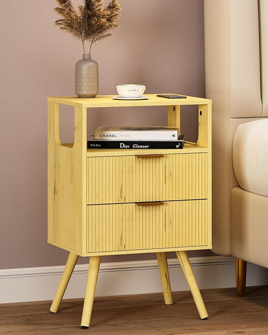 Nightstand,Modern Bedside Table with 2 Storage Drawer and Open Wood Shelf, for Bedroom and Small Spaces,Night Stand with Solid Wood Legs, Yellow Oak