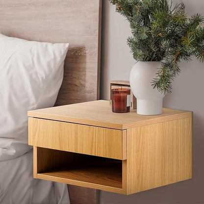 JONATHAN Y NST2002C Ettore 15.71" Mid-Century Modern Floating Wall Mounted Nightstand with Soft-Close Drawer and Cable Hole, Light Oak