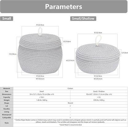 Sea Team Round Cotton Rope Storage Basket with Lid, Decorative Woven Storage Bin, Pot, Caddy, Organizer, Container for Snacks, Towels, Plants (White, Small/2-Pack)