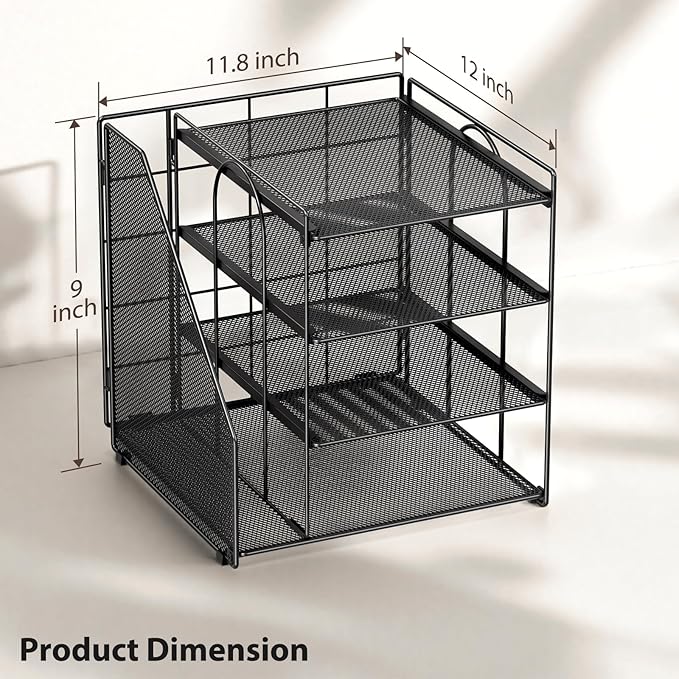Desk Organizer, 4-Tier Metal Paper Organizer for Desk with Vertical File Holder, Office Accessories and Desktop Storage for Office Supplies (Black)