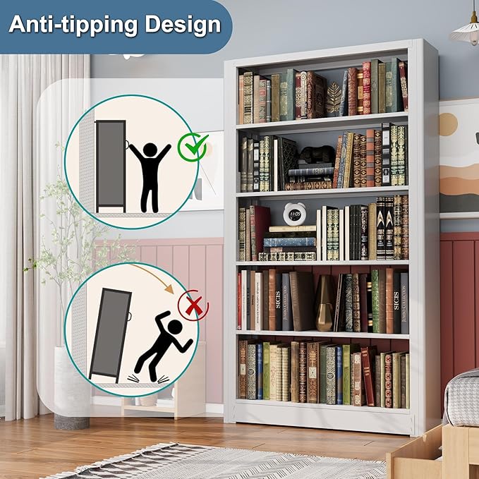 69” Tall Metal Bookshelf, Heavy Duty Bookcase, Modular Book Shelf with Expansion Capability, 5-Tier Adjustable Bookshelves for Heavy Books, Library, Living Room, Office. White