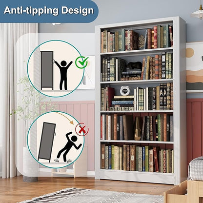69” Tall Metal Bookshelf, Heavy Duty Bookcase, Modular Book Shelf with Expansion Capability, 5-Tier Adjustable Bookshelves for Heavy Books, Library, Living Room, Office. White