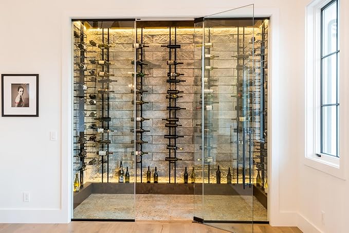 Ultra Wine Racks Floor-to-Ceiling Mount Display (1 Side, Double Deep, Black, Holds 42 Wine Bottles) - Modern Metal Wine Storage for Wine Cellars, Home Bars, Kitchens, and Dining Rooms