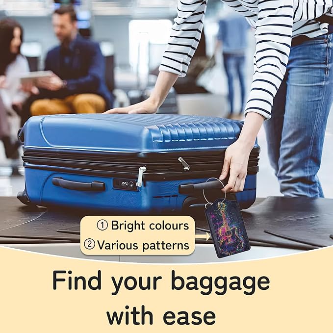 3 Pack Music Luggage Tags for Suitcases, Note Headphones Guitar Cute Leather Name Tag with Privacy Cover with Stainless Steel Loops, Travel ID Bag Tags for Women Men