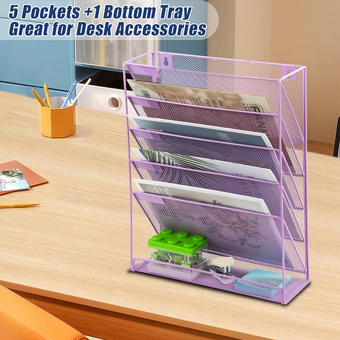 EASEPRES Desk File Organizer Mesh 6 Tier, Hanging Wall Mount Document Organization Stand, Desktop Vertical Mail Paper Folder Holder Rack with Bottom Tray for Office Home Cubicle, Light Purple