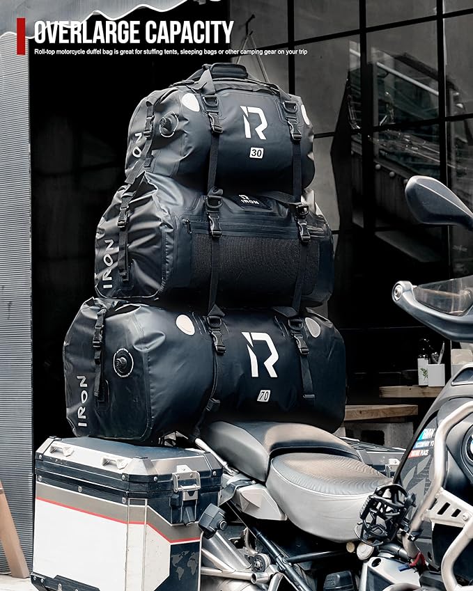 IRON JIA'S Motorcycle Dry Bag - Waterproof Duffle & Luggage Tail Bag Saddle Bags with Roll Top Closure, Shoulder Straps, Inner Pocket and Mesh Pocket (Grey, 70L)