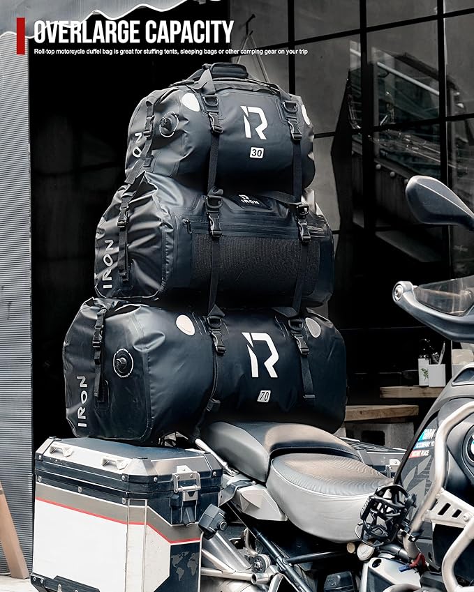 IRON JIA'S Motorcycle Dry Bag - Waterproof Duffle & Luggage Tail Bag Saddle Bags with Roll Top Closure, Shoulder Straps, Inner Pocket and Mesh Pocket (Brown, 50L)