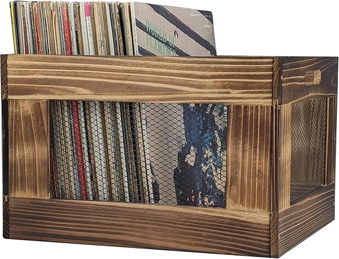 ARTAWEIN Vinyl Record Storage Crate, Wooden Record Holder for Albums - Holds up to 80-100 LPs, Rustic Vintage Style Organizer Box with Handles, Easy Assembly Display for Music Room & Office