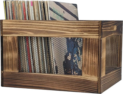 ARTAWEIN Vinyl Record Storage Crate, Wooden Record Holder for Albums - Holds up to 80-100 LPs, Rustic Vintage Style Organizer Box with Handles, Easy Assembly Display for Music Room & Office
