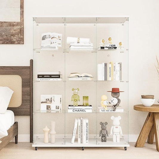 Beauty4U Glass Display Cabinet with 12 Shelves, Extra Large 3 Columns 2 Doors Curio Cabinets for Living Room, Bedroom, Office, White Floor Standing DIY Glass Bookshelf, Quick Installation