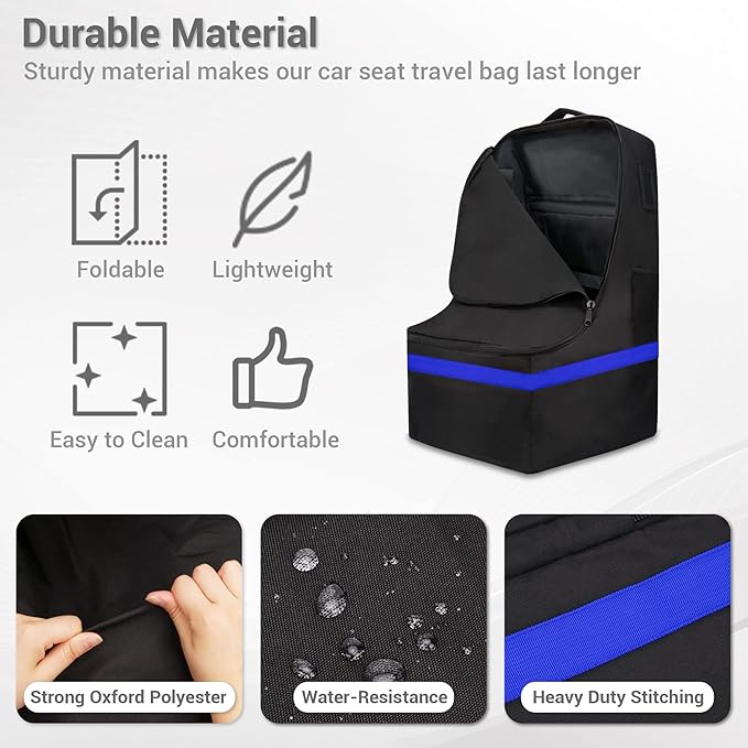 Car Seat Travel Bag - Padded, Comfortable, Durable, Roomy Gate Check Carseat Cover Backpack Fits 3-in-1，Convertible, Booster & Infant Car Seats for Airplane, Airport, Blue