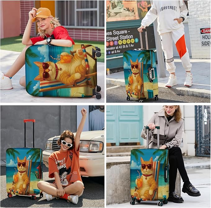 ANNA QUEEN Summer Cat Luggage Cover, Cat in Sunglasses with a Beach Drink, Stretchable, Washable Travel Protector for 32-34 Inch Suitcases