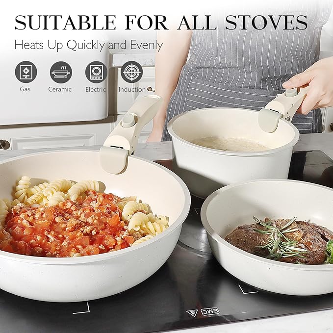 GiPP 11Pcs Pots and Pans Set Non Stick, Cookware Sets Nonstick Detachable Handle, Induction Kitchen Set Removable Handle, RV Cookware set, Oven Safe