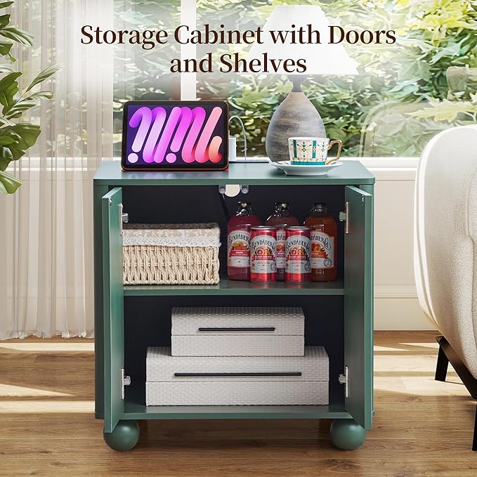 Bed Side Table with Charging Station, Mid Century Modern Nightstand with 2 Doors, Square End Table with Storage for Couch,Living Room,Small Spaces, Sofa Side Table for Office,Dorm - Green