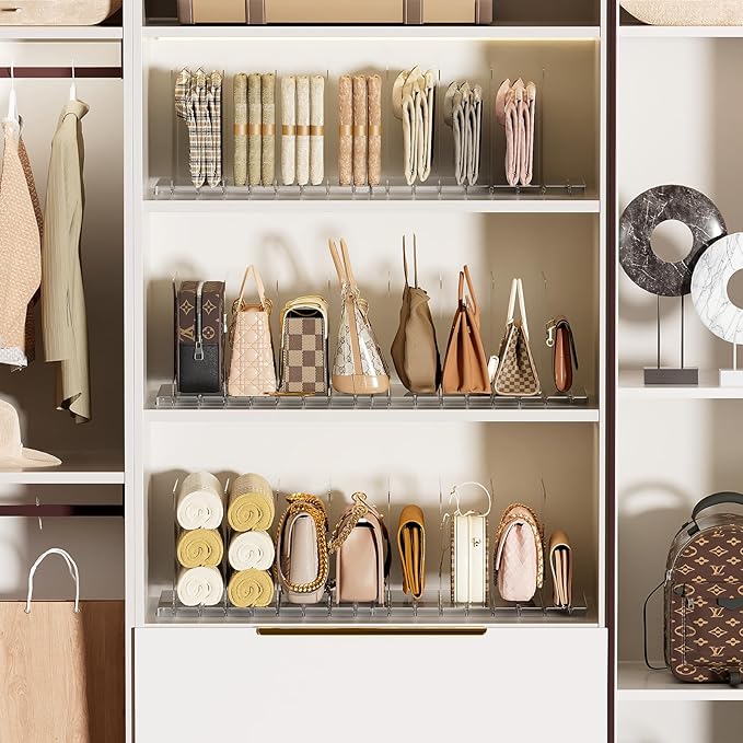 Bag & Purse Organizer for Closet Stackable Acrylic Shelf Dividers for Closet Organization, Clear Handbag Purse Storage Organizer Divider, Keep Clutch, Wallet, Pocketbook Upright, 2 Pack