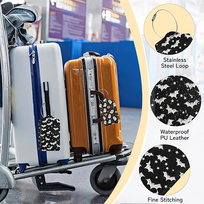 3 Pack PU Leahter Happy Halloween Luggage Tag with Stainless Steel Loop,Travel Suitcase Labels with Privacy Cover ID Label Quickly Spot for Bags