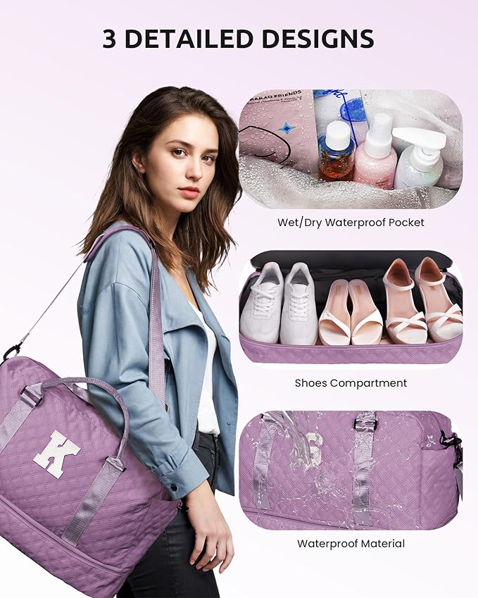 Gifts for Mom-Initial Duffle Bag with Shoe Compartment, Personalized Weekender Bag, Monogram Overnight Bag, Letter Travel Bag with Makeup Bag，Personalized Gifts Idea for Women Her (Letter F)