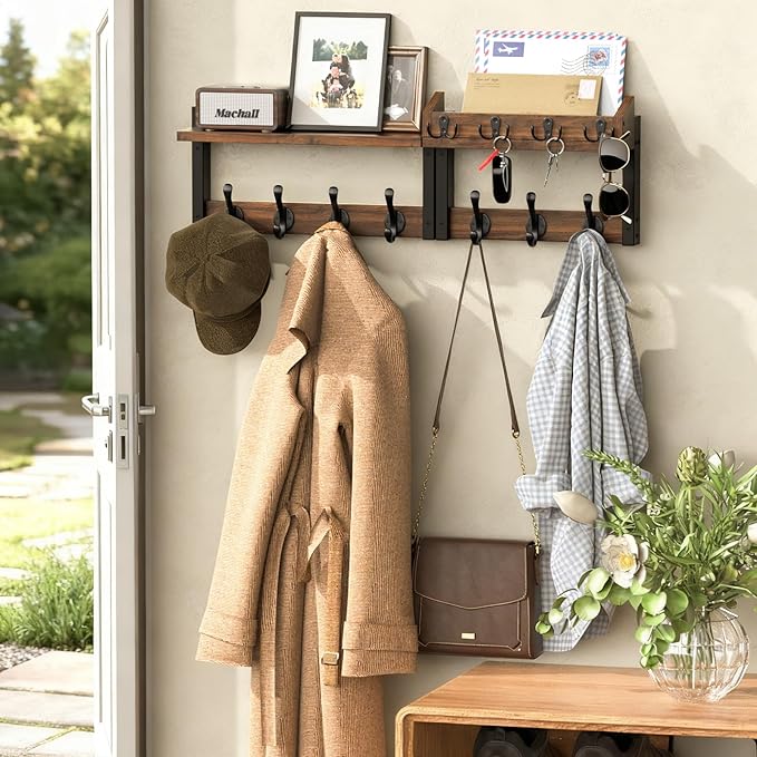 29'' Rustic Coat Rack Wall Mount with Shelf and Key Hooks, Solid Wood Key Holder Wall Mount, Farmhouse Wall Organizer for Mail, Entryway Wall Hangers for Hats, Clothes, Backpacks, Dog Leashes, Mudroom